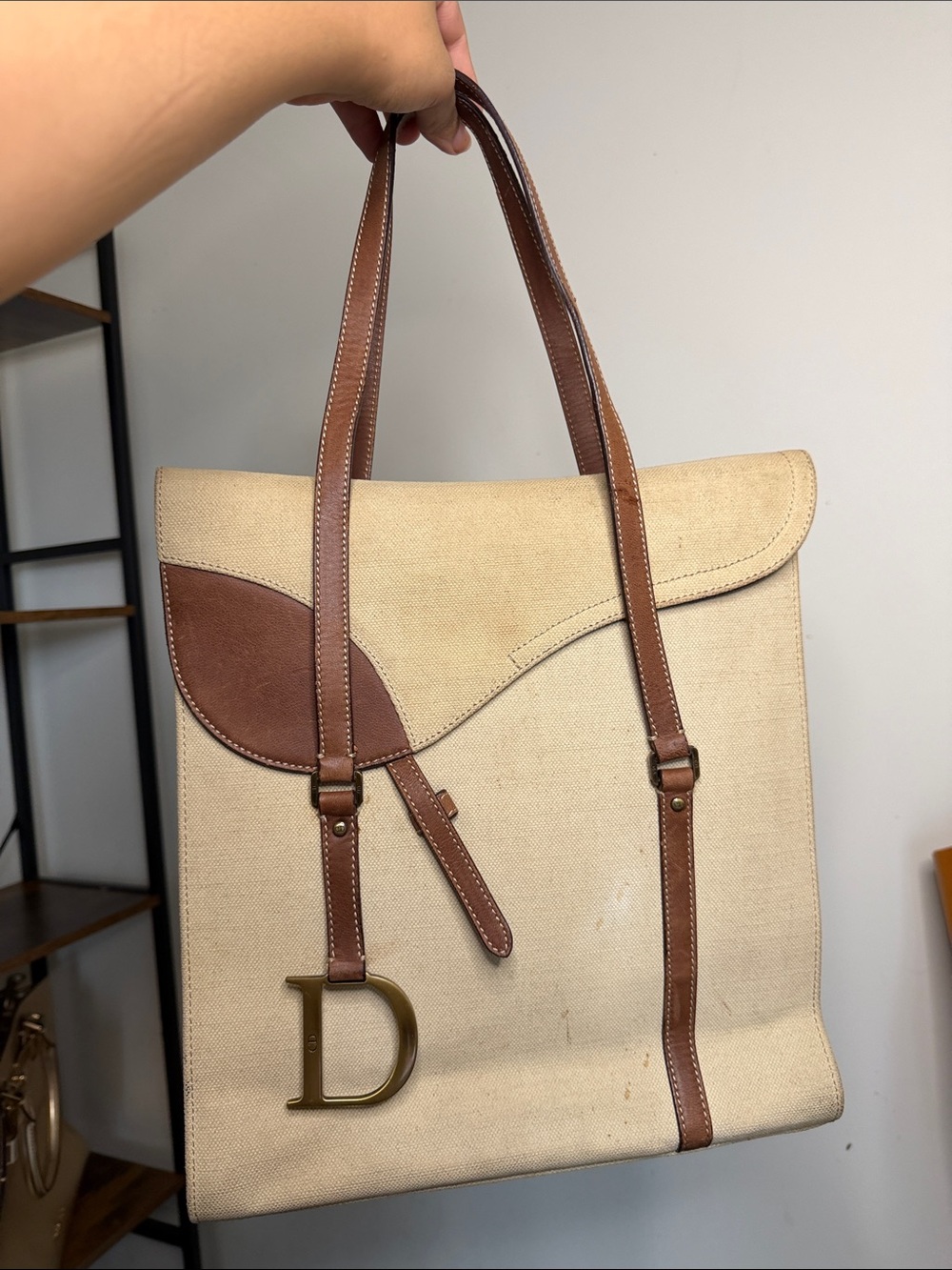 Dior saddle Cream Canvas Tote with Brown Leather Trim and D Charm
